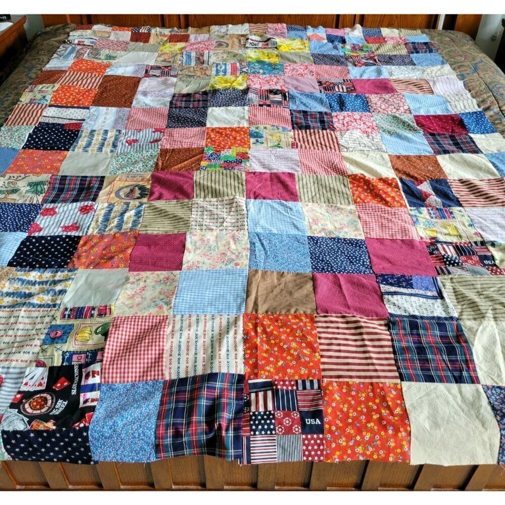 Patchwork Quilt Top 84" X 120" Unfinished Handmade Americana Flags Vintage - Picture 3 of 7